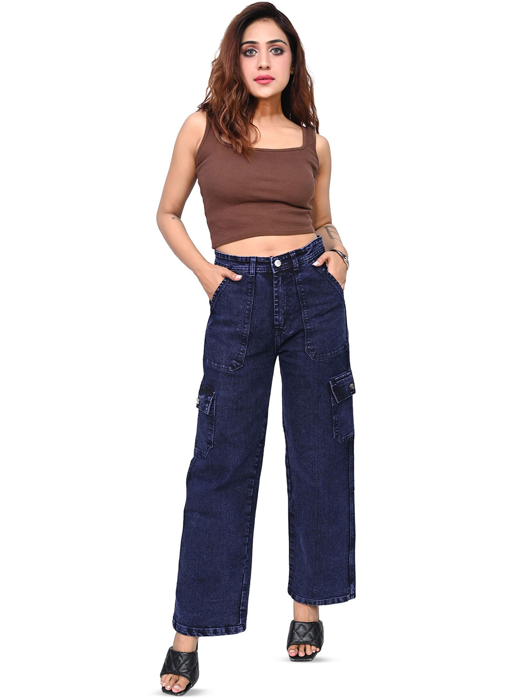 kitty-fashion Women Jean Straight Fit High-Rise Cargo Styles Jeans