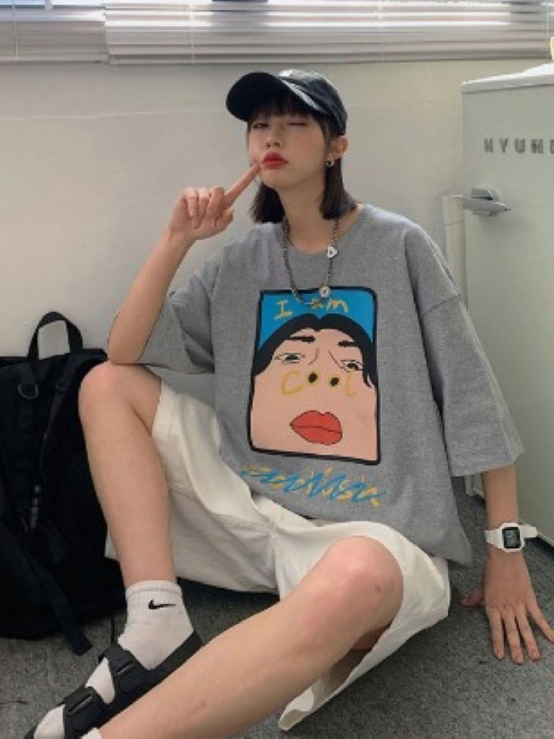 StyleCast Grey & Nude Coloured Graphic Printed Oversized T-shirt