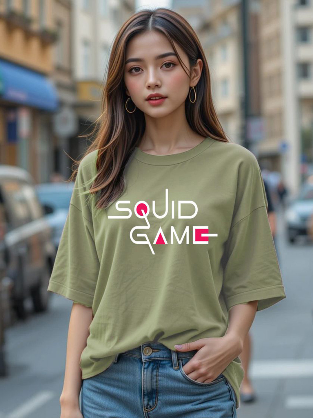 Genzy Squid Game Printed Drop-Shoulder Sleeves Cotton Oversized T-shirt