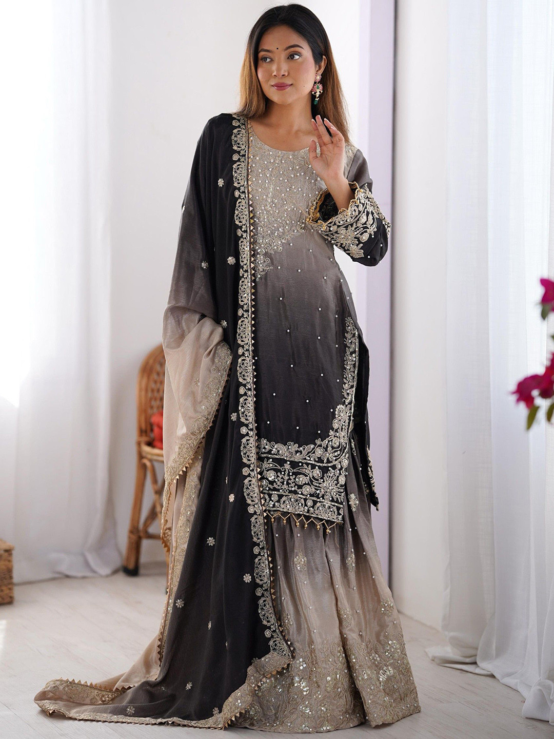 LeeliPeeri Designer Floral Embroidered Zari Chinon Straight Kurta With Sharara & Dupatta