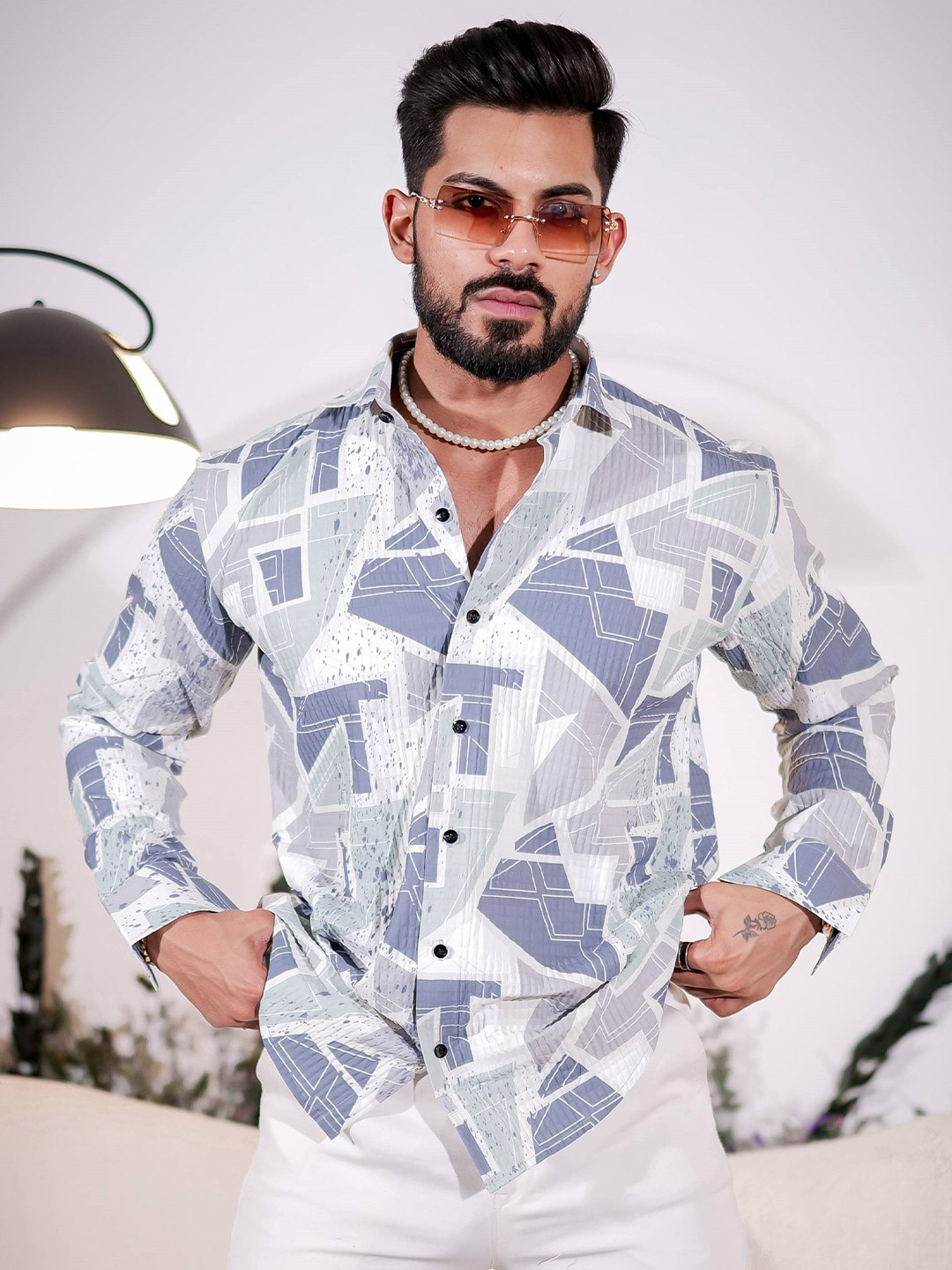 Foomer Geometric Printed Spread Collar Standard Cotton Casual Shirt