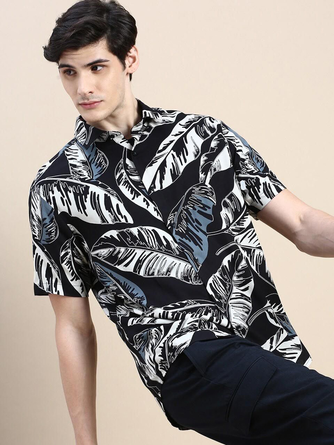 Black Abstract Printed Spread Collar Shirt
