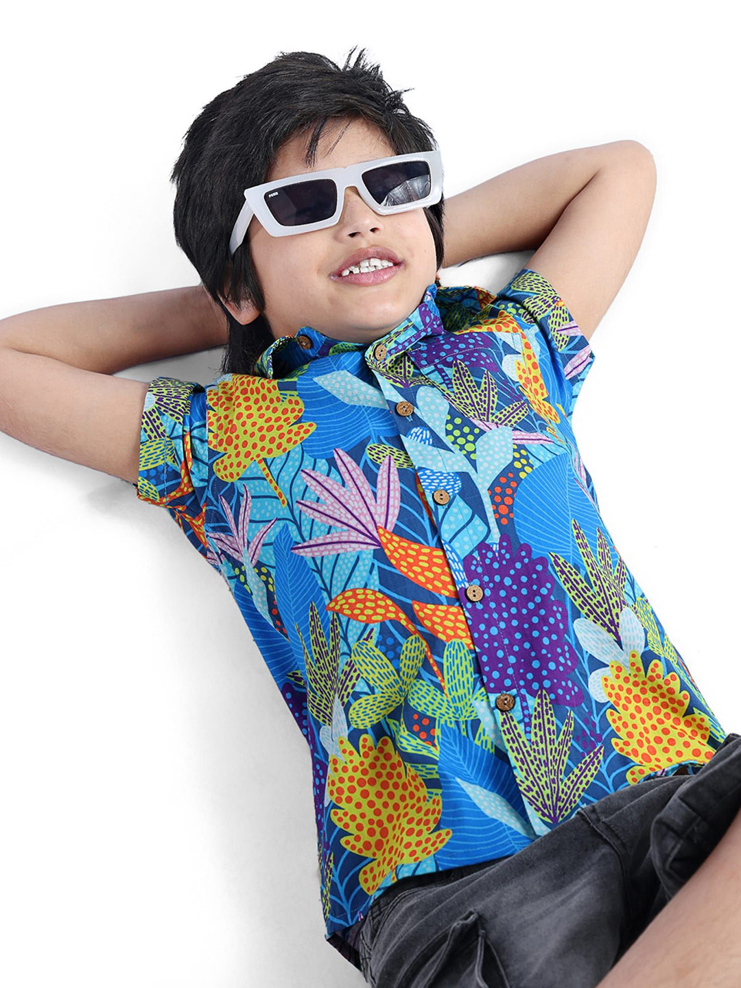 ARIAS By LARA DUTTA Boys Floral Printed Spread Collar Half Sleeves Pure Cotton Shirt