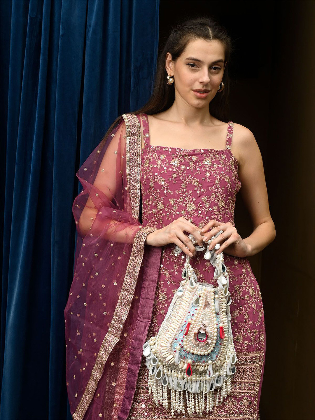 ODETTE Embellished Suede Potli Bag Clutch