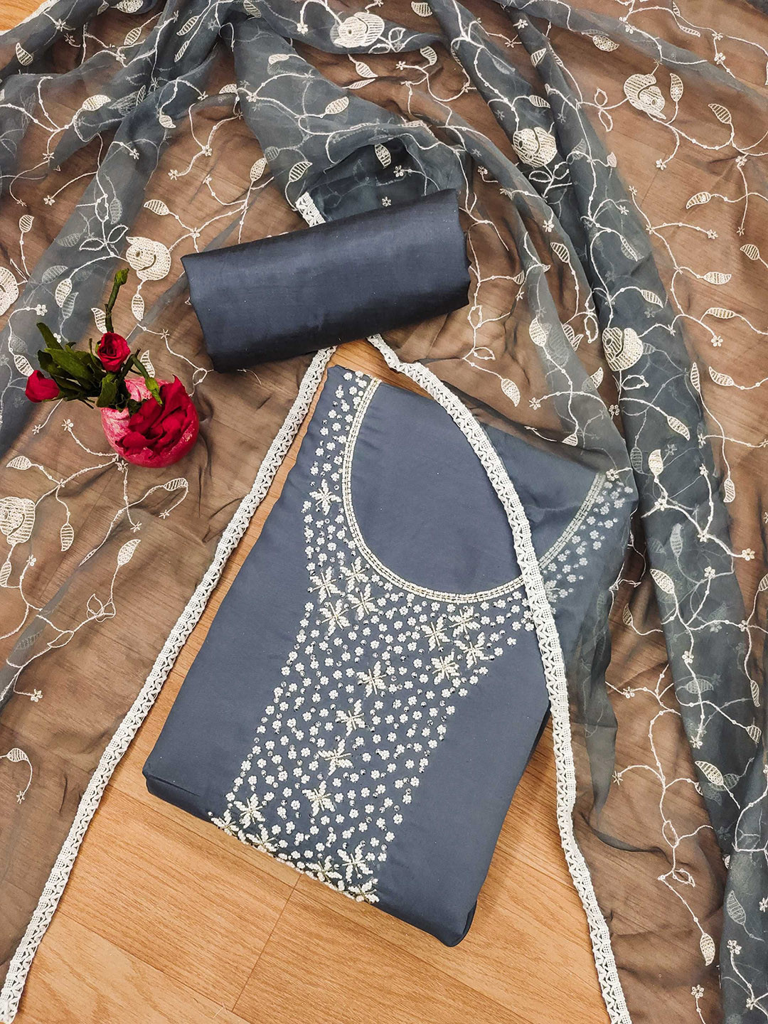 LeeliPeeri Designer Embellished Chanderi Khatali Work Unstitched Dress Material