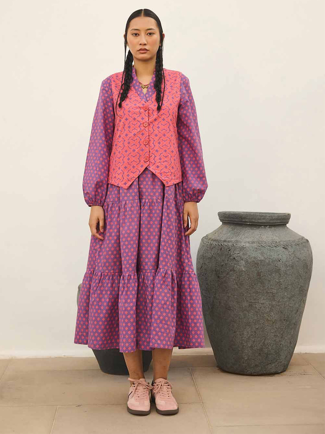 Prakriti Jaipur Print Tie-Up Neck Puff Sleeve A-Line Midi Dress