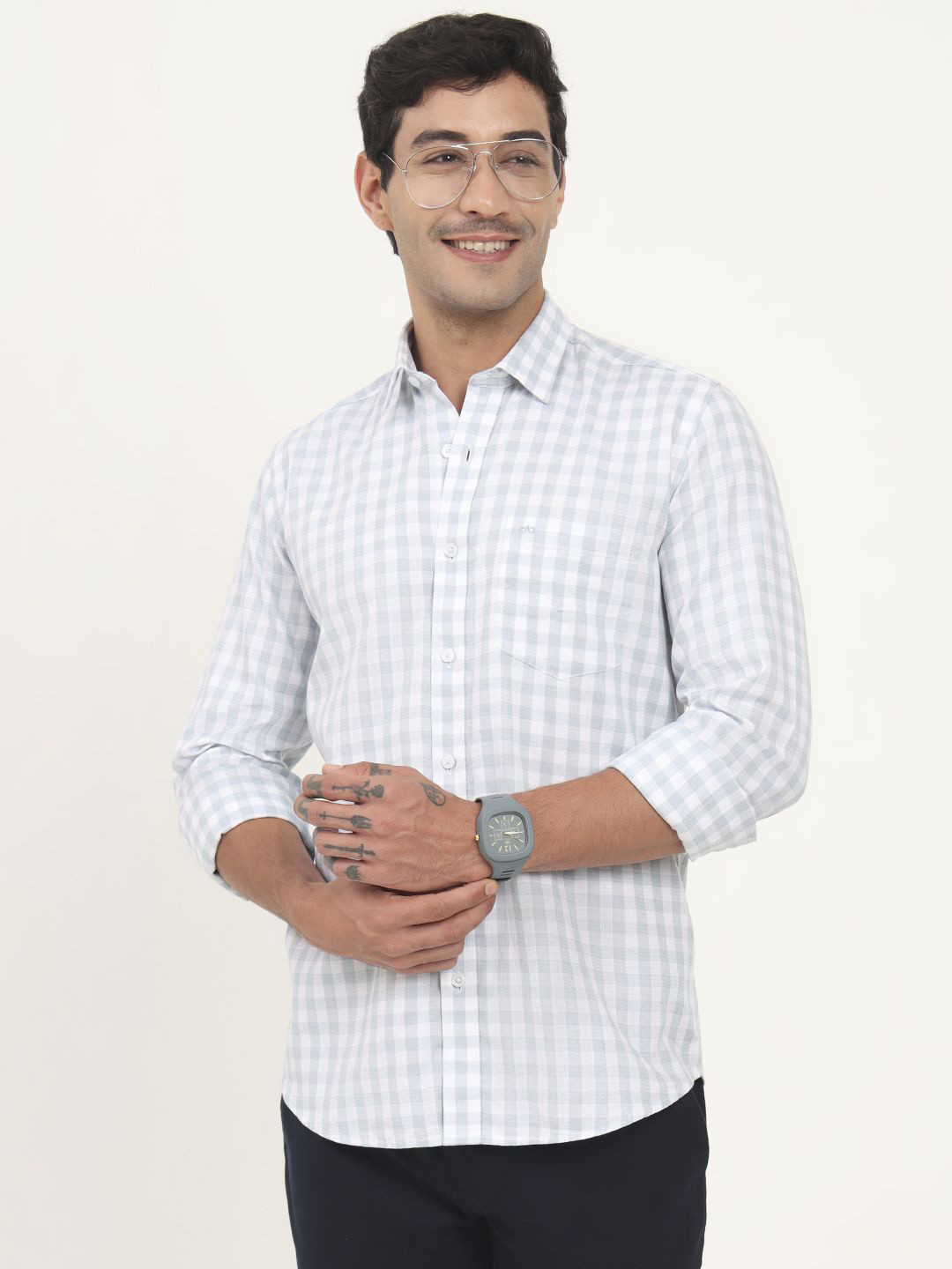 JADE BLUE Gingham Checks Printed Cutaway Collar Slim Fit Opaque Casual Cotton Shirt