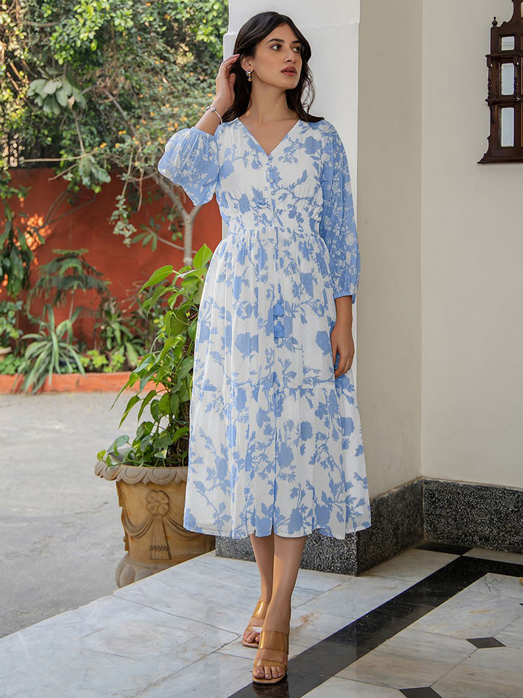 Janasya Women's Light Blue Dobby Georgette Floral Printed Fit & Flare Ethnic Dresses