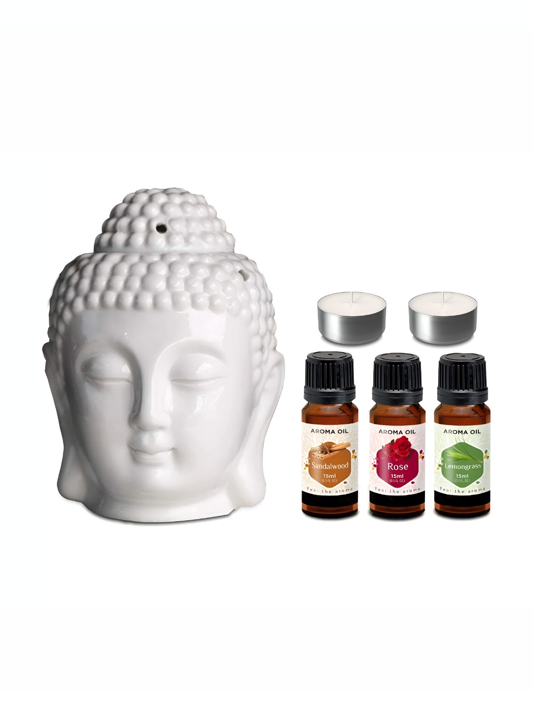 PEEPALCOMM 5Pcs White T-Light Buddha Candle & Oils Aroma oil Diffusers