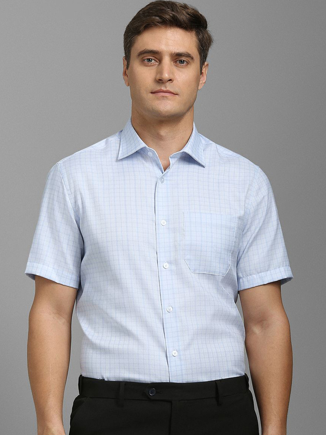 Louis Philippe Windowpane Checks Spread Collar Formal Cotton Shirt