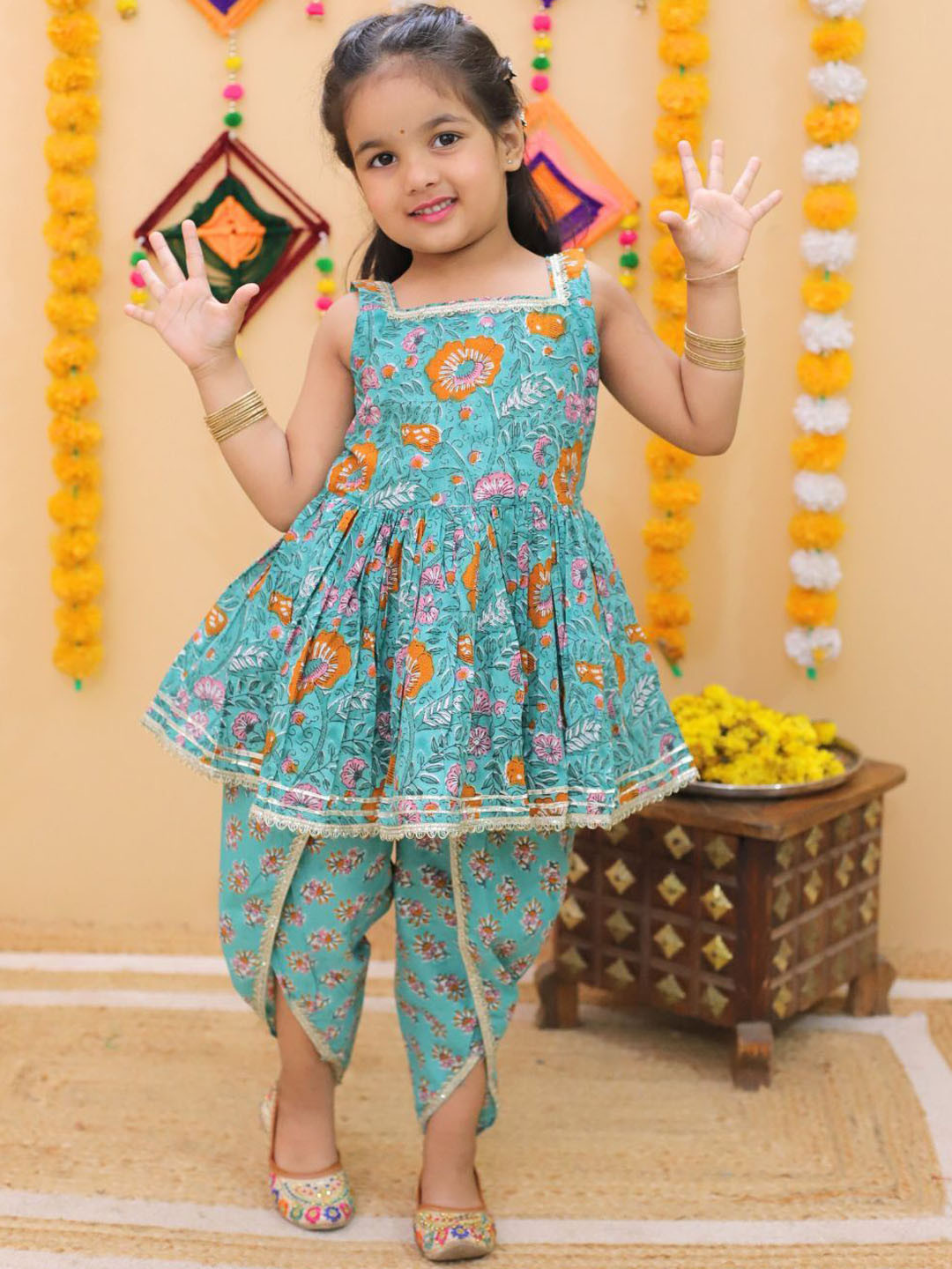 Vastrarth Girls Floral Printed Regular Pure Cotton Kurti with Dhoti Pants