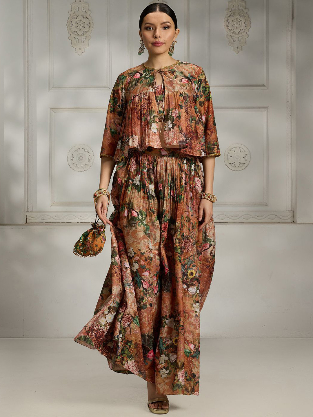 Rivaar By Rocky Star Floral Printed Sleeveless Top With Cape & Skirt