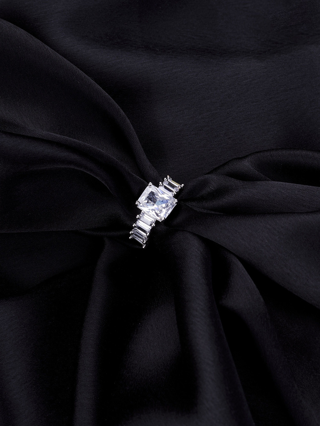 Opal Touch Rhodium-Plated Cubic Zirconia-Studded Adjustable Finger Ring