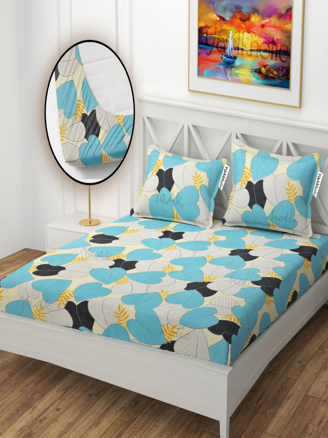 YaAkholic Beige Leaf Microfiber Wrinkle Free 210 TC Fitted Queen Fine Bedsheet with 2 Pillow Covers-78 x 72 inches