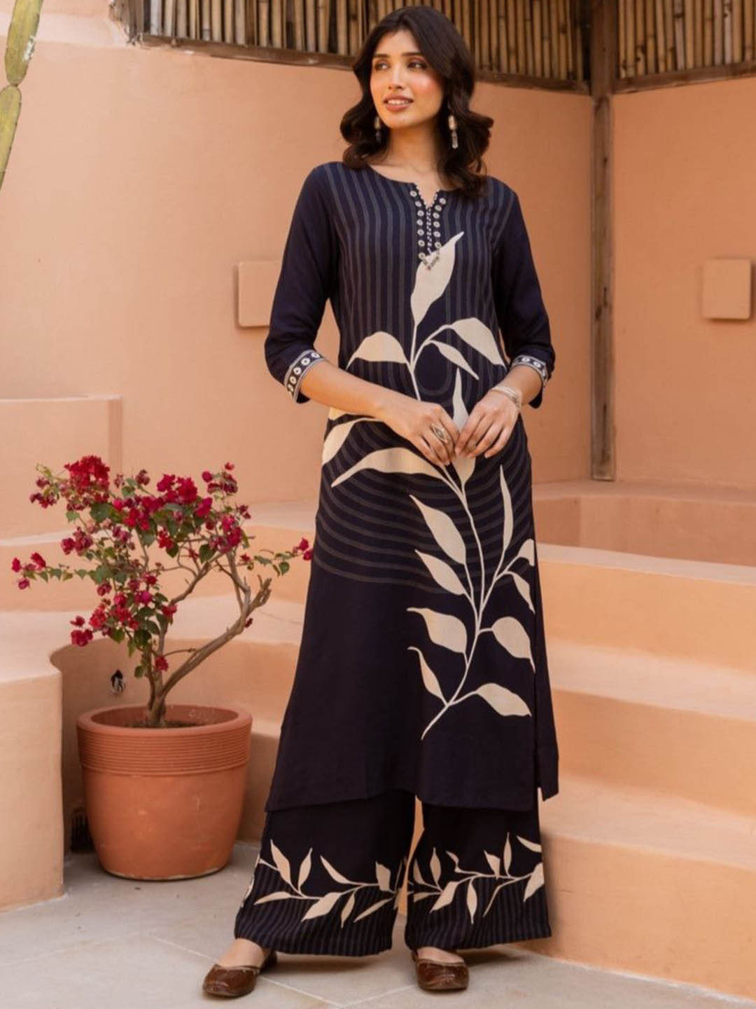 AUTUMN LANE Bakul Jet Floral Printed Notch Neck Straight Kurta With Palazzos