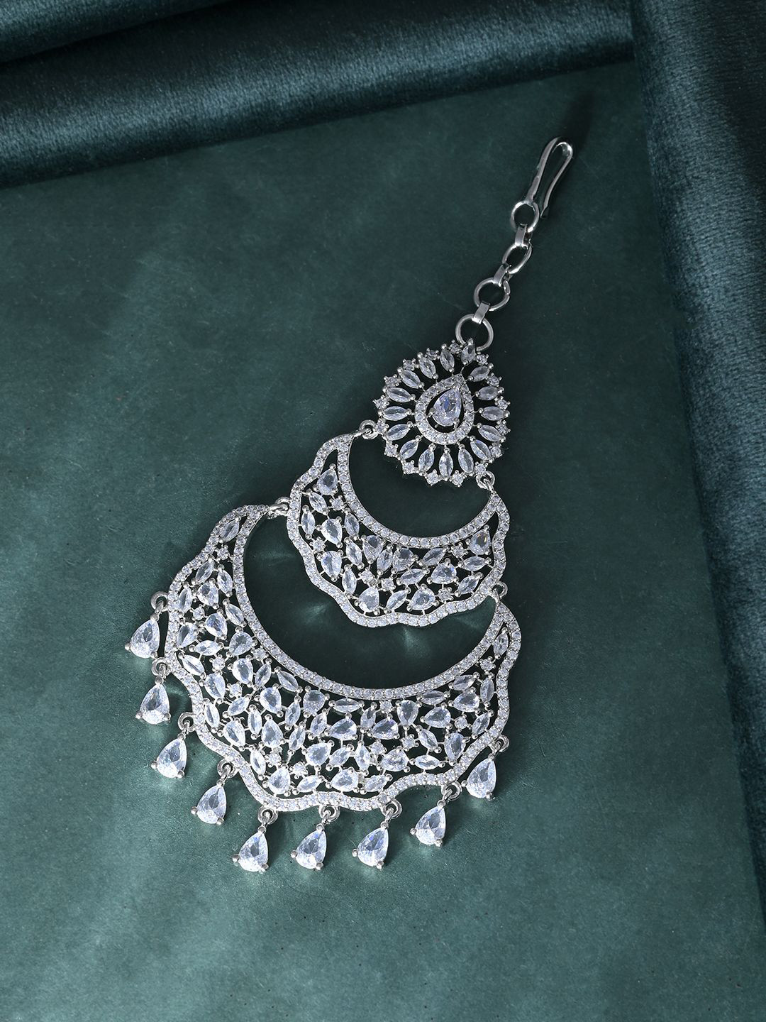 Voylla Rhodium-Plated American Diamond Studded Jhumar Passa Head Jewellery