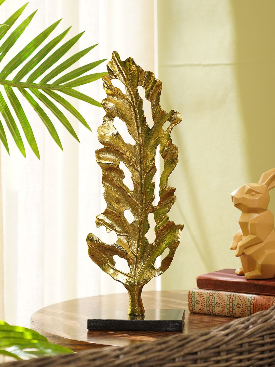 Pure Home and Living Leaf On Base Gold Metal Metallic Living Room Large Showpiece - 3.5 Inches