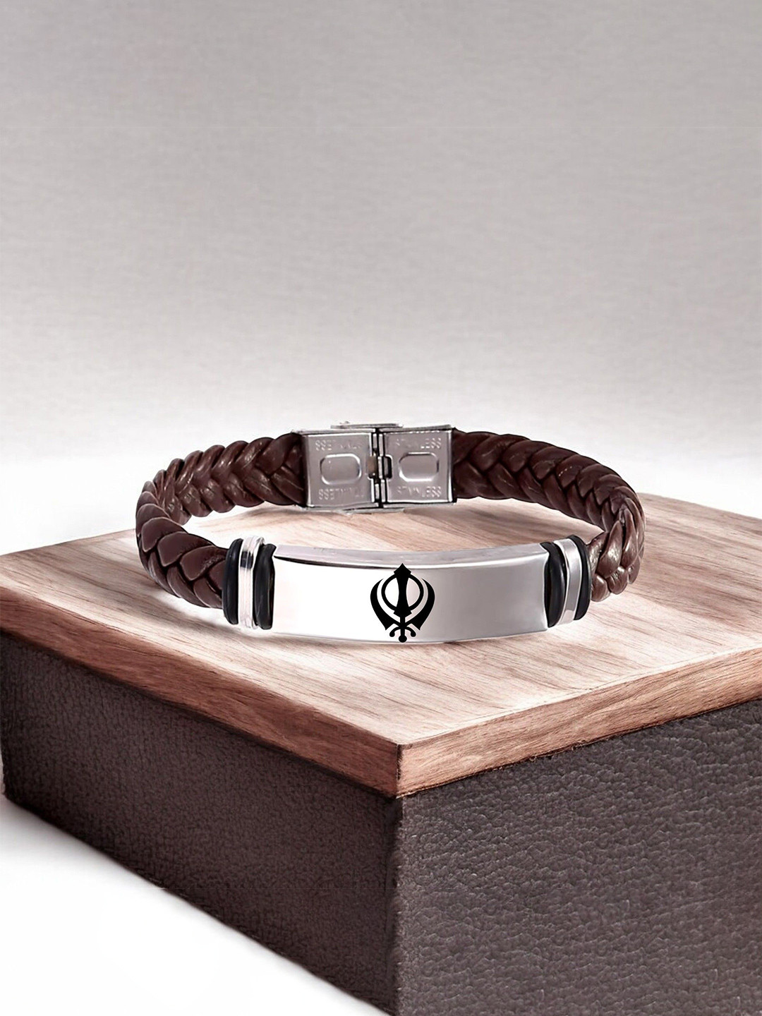 M Men Style Men Leather Silver-Plated Sikh Khanda Braided Wraparound Bracelet