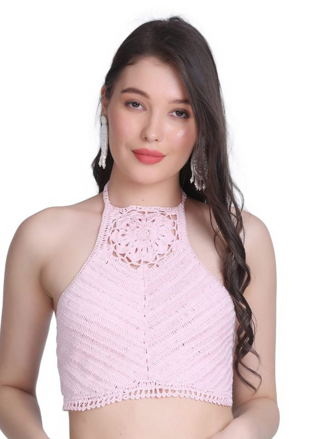 NYCRA Pink Halter Neck Crochet Crop Top