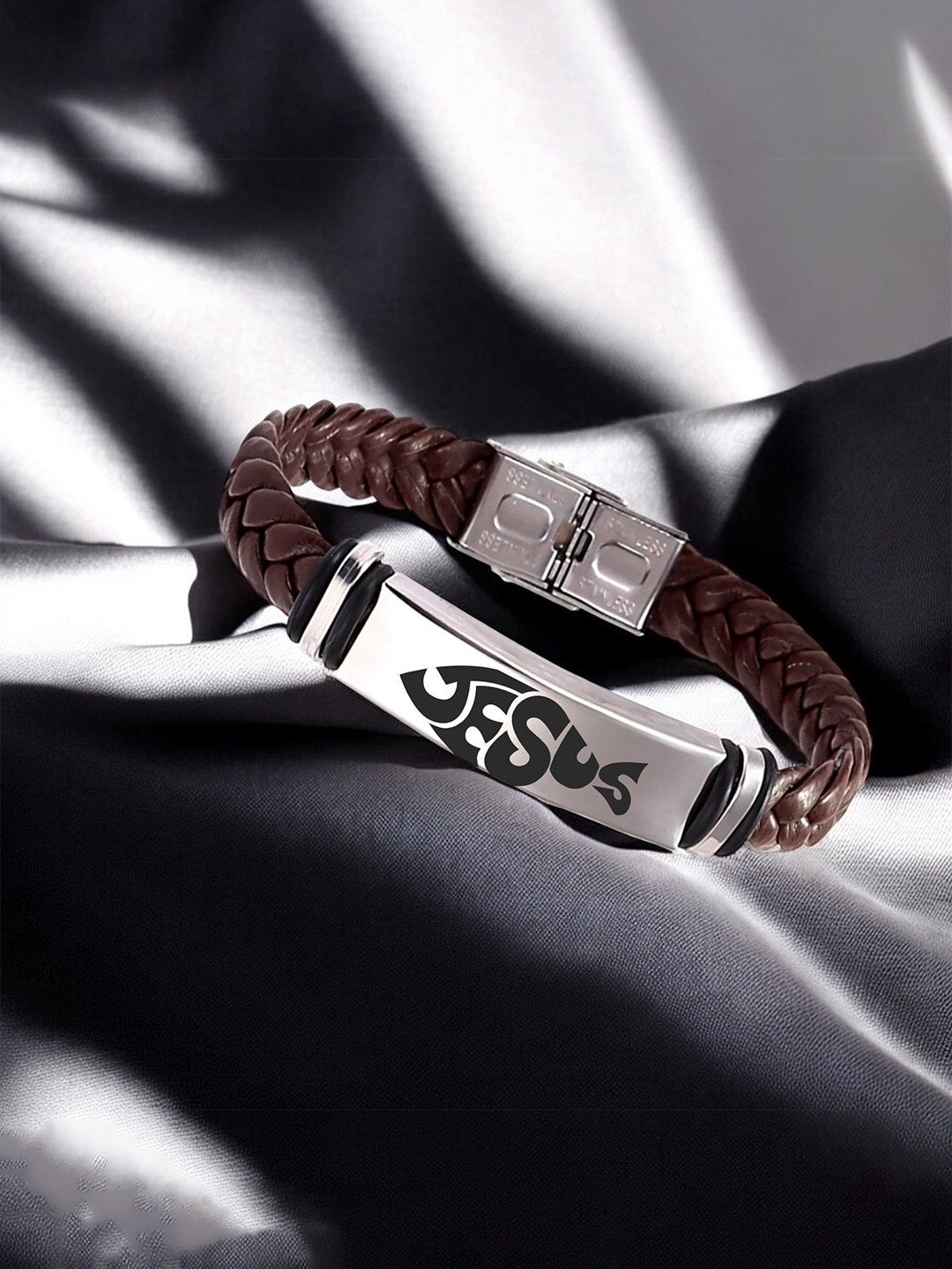 M Men Style Men Leather Silver-Plated Jesus Braided Wraparound Bracelet