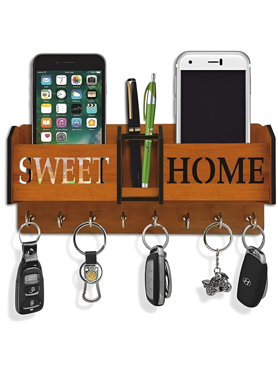 Glori-fyi Brown Wooden Pen & Key Holders With Mobile Stand