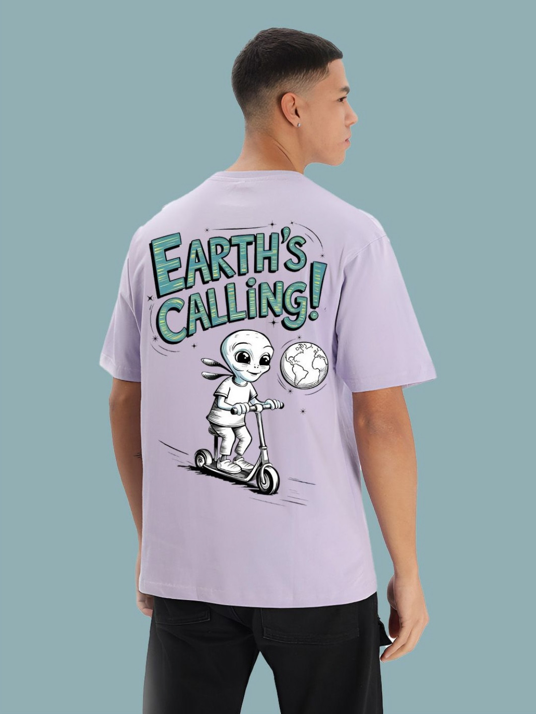 BDSQUARE Men Earth Calling Graphic Printed Cotton Bio-Wash Oversized T-shirt