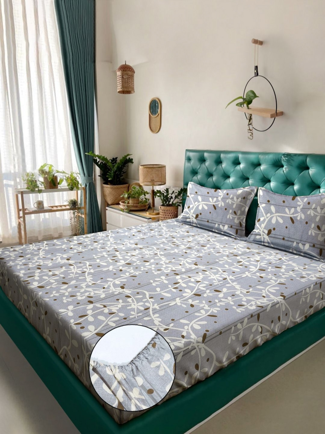 KLOTTHE Amazing Collection Grey Floral Cotton 300 TC Fitted Double Fine Bedsheet with 2 Pillow Covers-98 x 89 inches