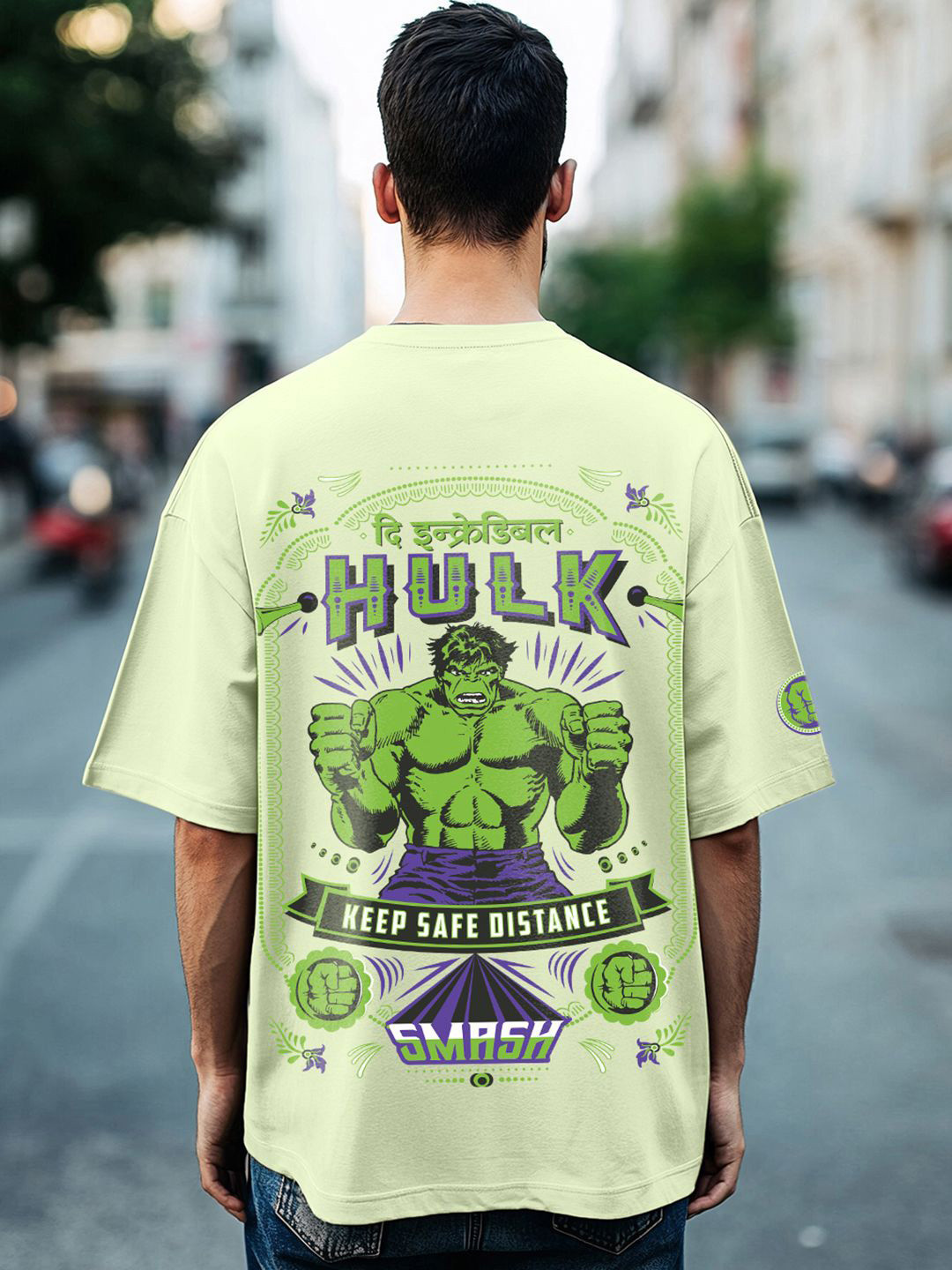 Bewakoof Official Marvel Merchandise Men's Fog Green Hulk Truck Graphic Printed Oversized T-shirt