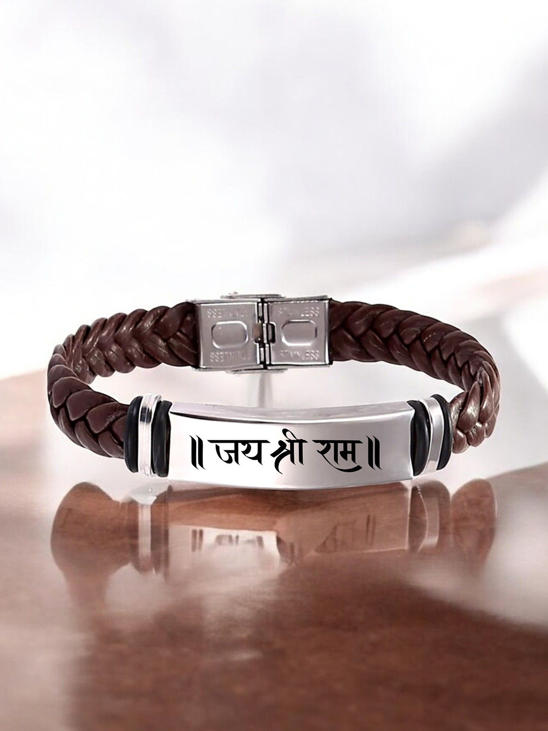M Men Style Men Leather Silver-Plated Wraparound Seeta Ram Braided Bracelet