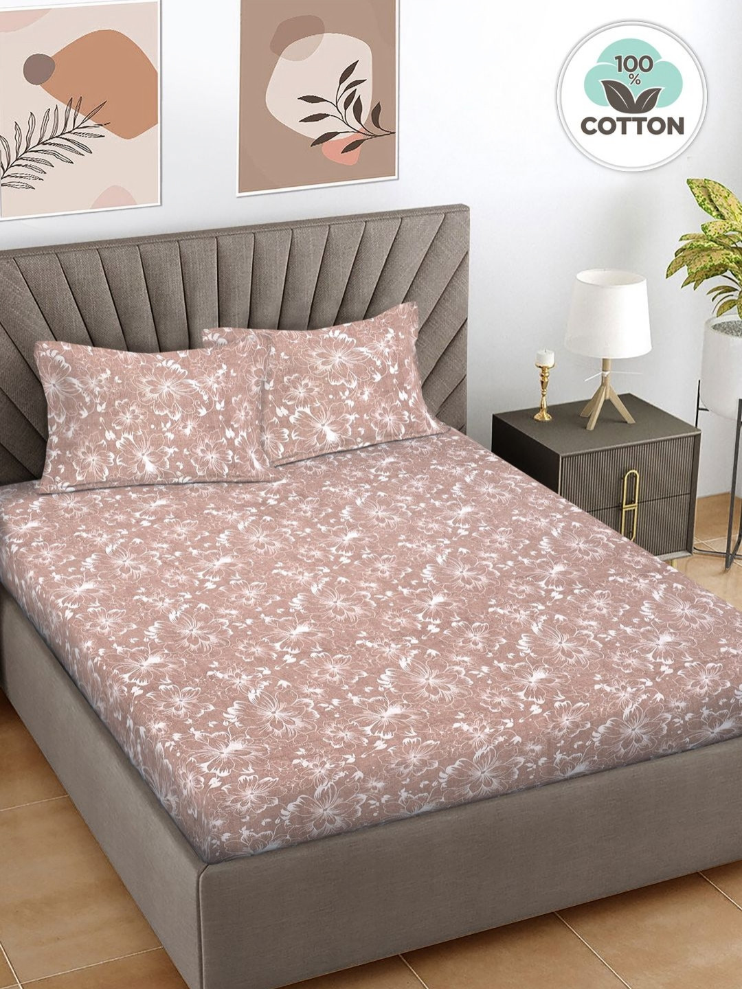 Myntra Elegant Homes Rust Floral Pure Cotton Skin-Friendly 300 TC King Fine Bedsheet with 2 Pillow Covers-98 x 89 inches