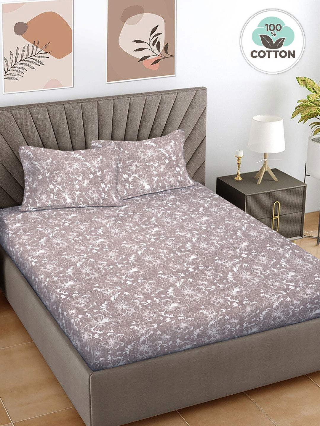 FABINALIV Brown Floral 300 TC Pure Cotton King Size Bedsheet with 2 Pillow Covers