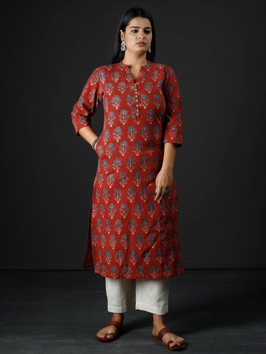iTokri Ajrakh Block Printed Mandarin Collar Cotton Straight Kurta