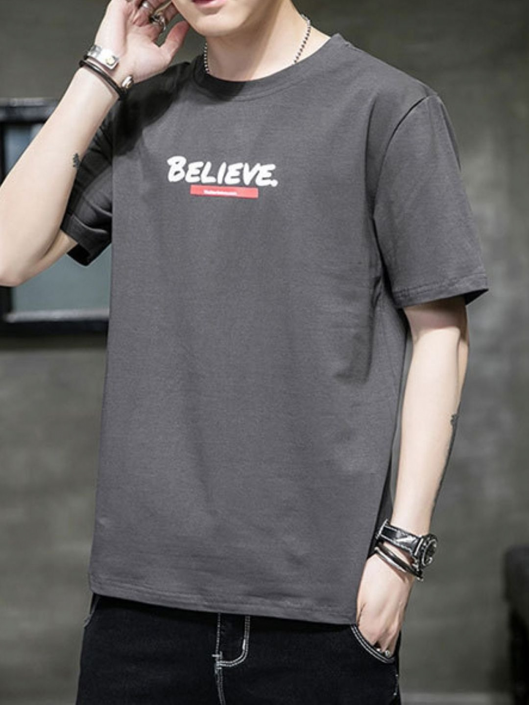 StyleCast Dark Grey & White Typography Printed Cotton T-shirt