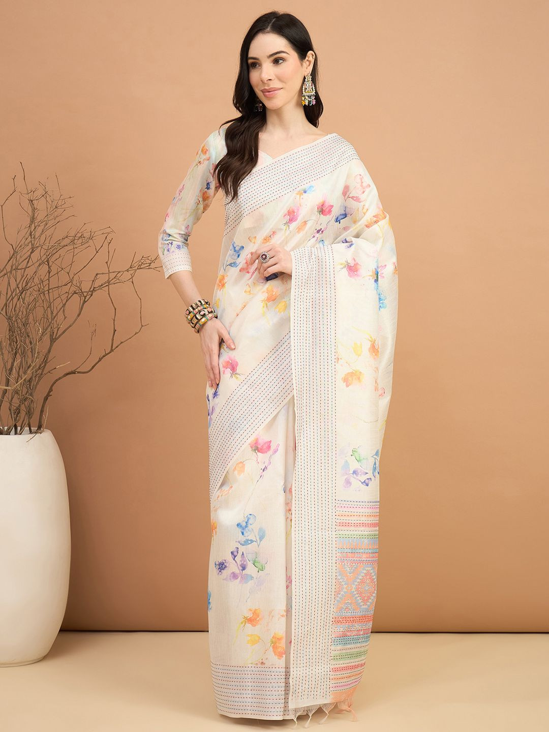 Mitera Floral Kantha Work  Tussar Saree