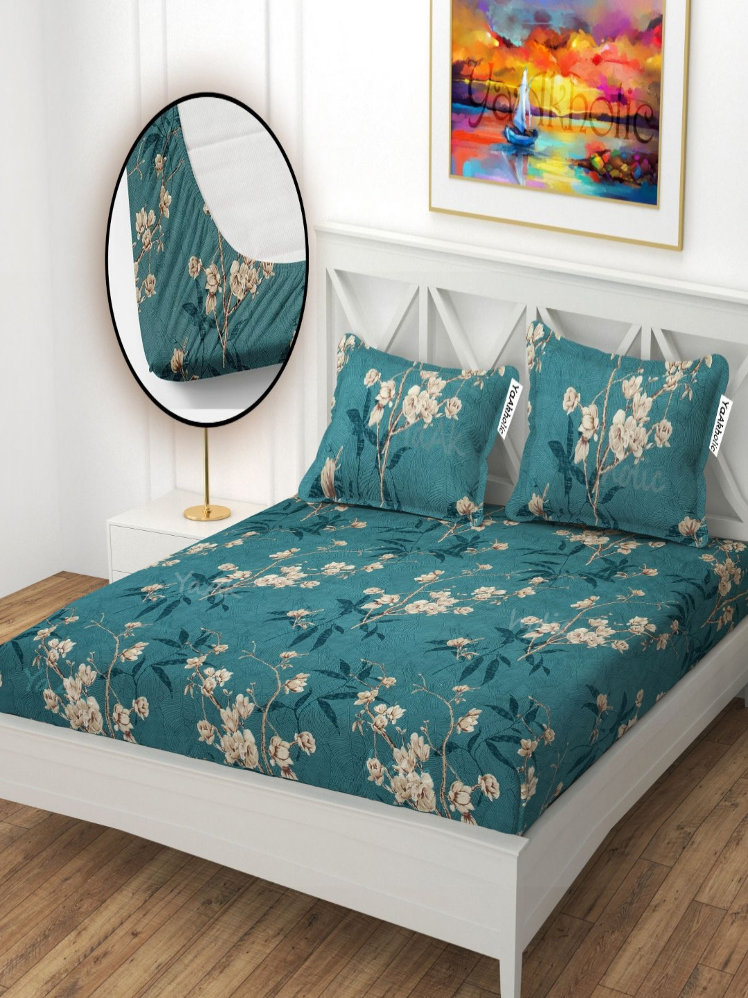 YaAkholic Violet Floral Microfiber Wrinkle Free 210 TC Fitted Queen Superfine Bedsheet with 2 Pillow Covers-78 x 72 inches