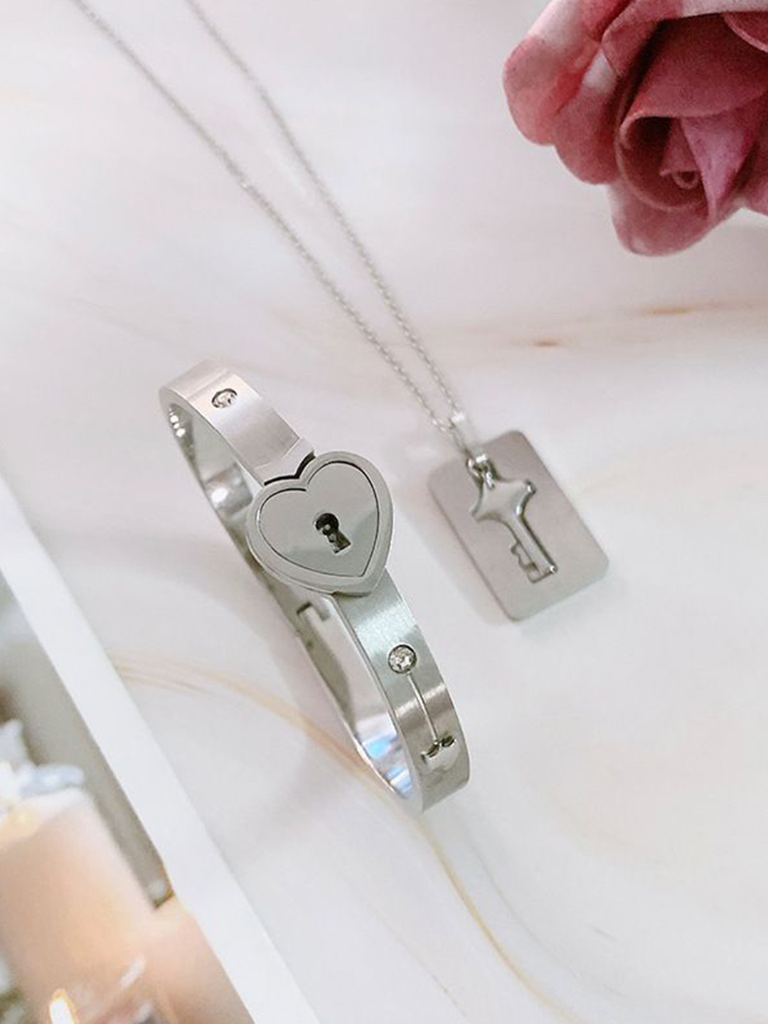 WROGN Silver-Plated Lock and Key  Pendant With Bracelet