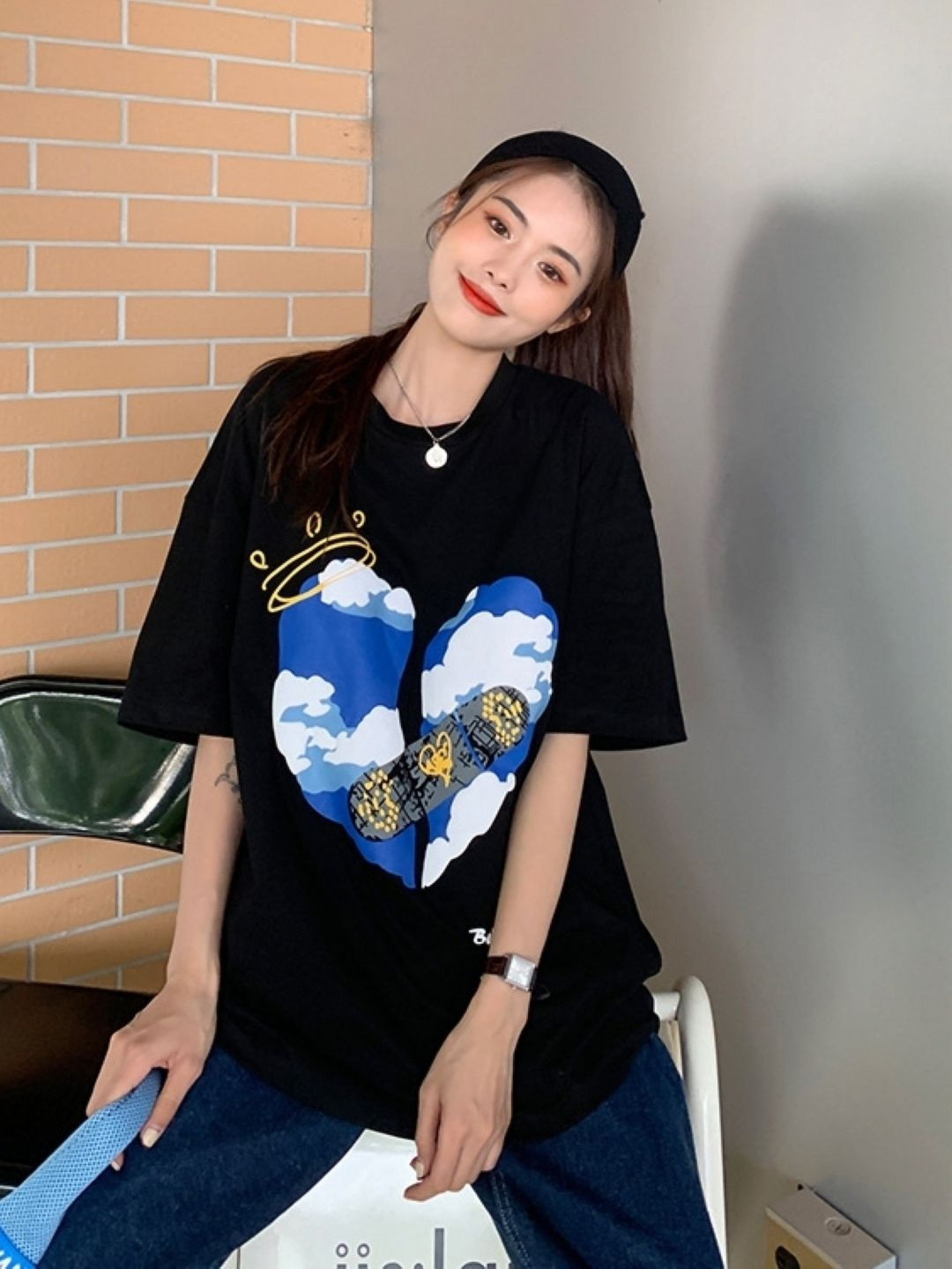 StyleCast Black & Blue Graphic Printed Oversized T-shirt