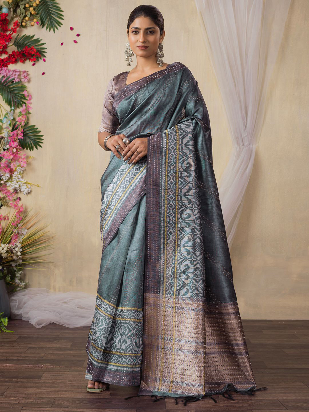Mitera Kantha Work Silk Cotton Tussar Saree