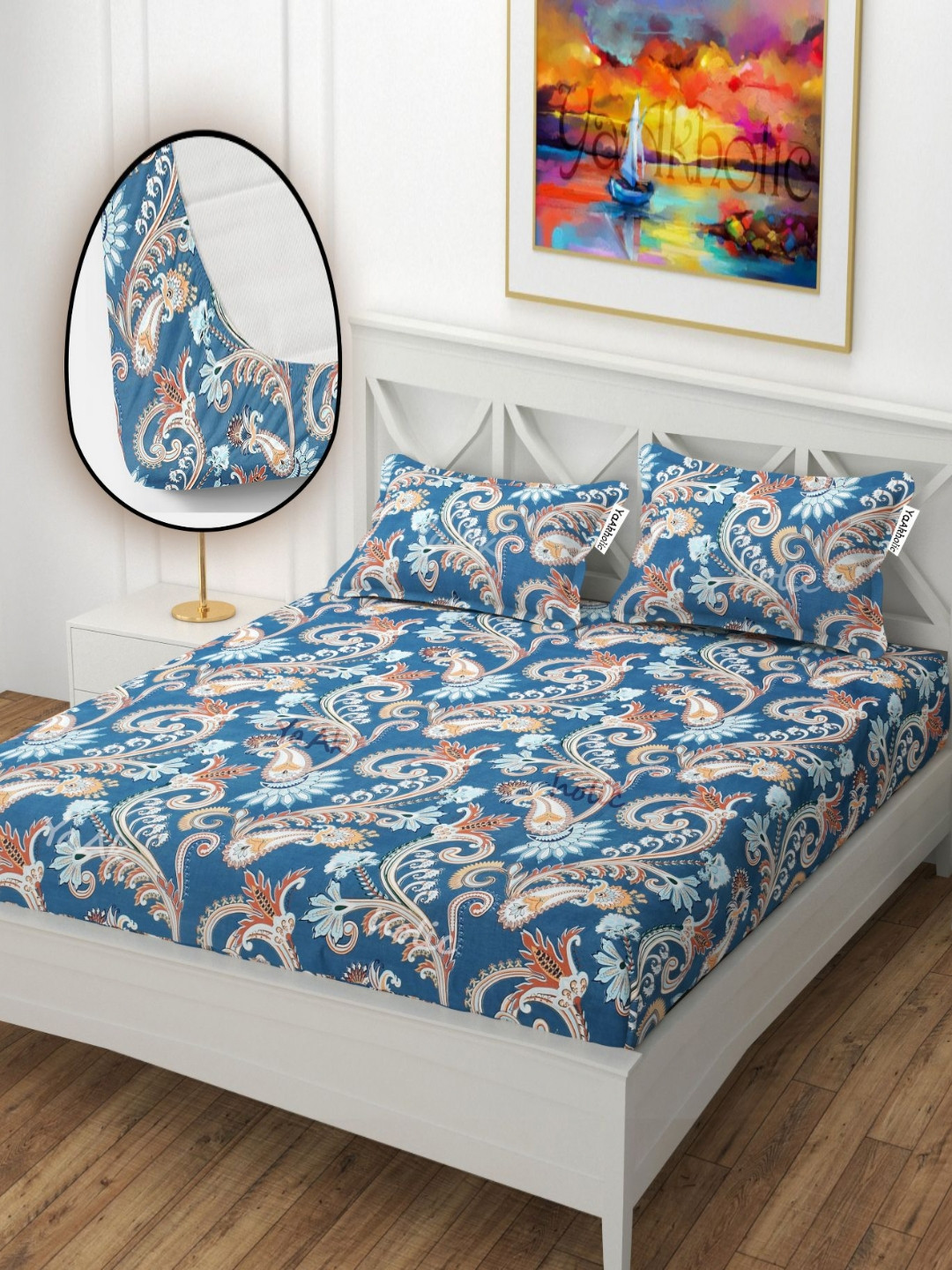 YaAkholic Violet Paisley Microfiber 210 TC Fitted Queen Bedsheet with 2 Pillow Covers-78 x 72 inches