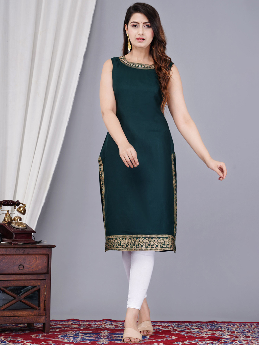 Brijam Floral Yoke Design Mirror Work Round Neck Sleeveless Straight Kurta