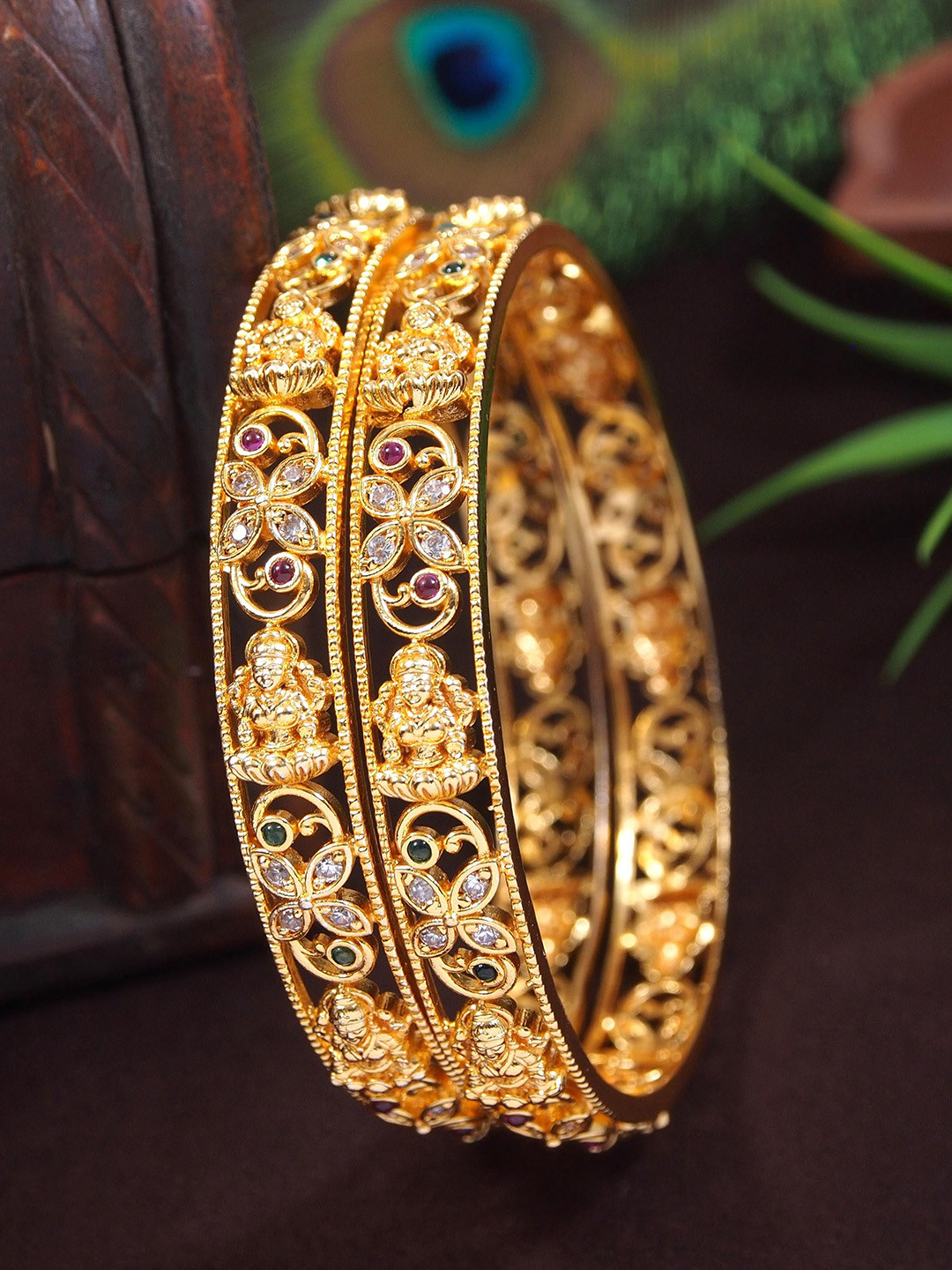SGA FASHIO Set Of 2 Gold-Plated AD Studded Temple Bangles