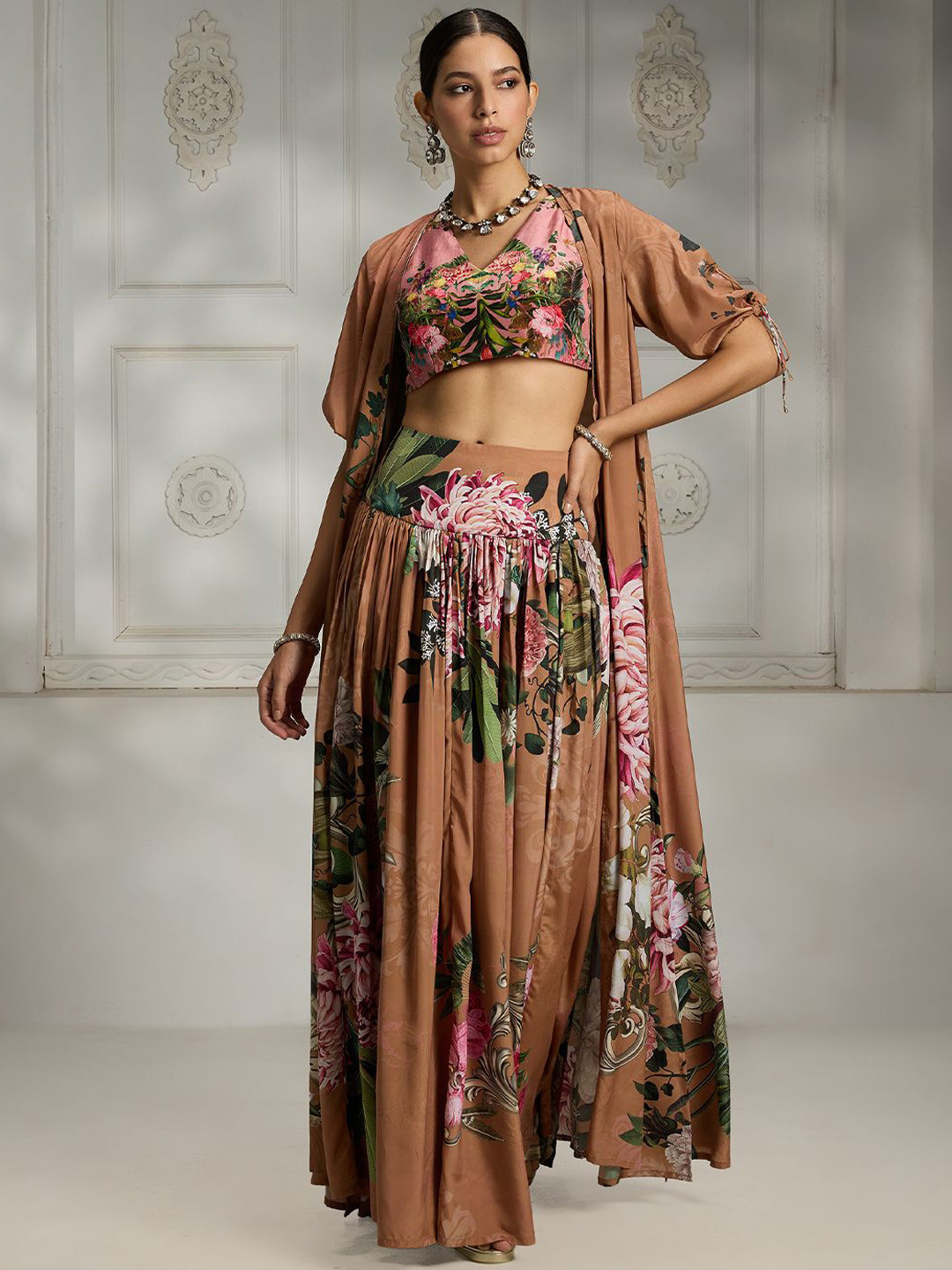 Rivaar By Rocky Star Floral Printed V-Neck Crop Top With Skirt & Shrug