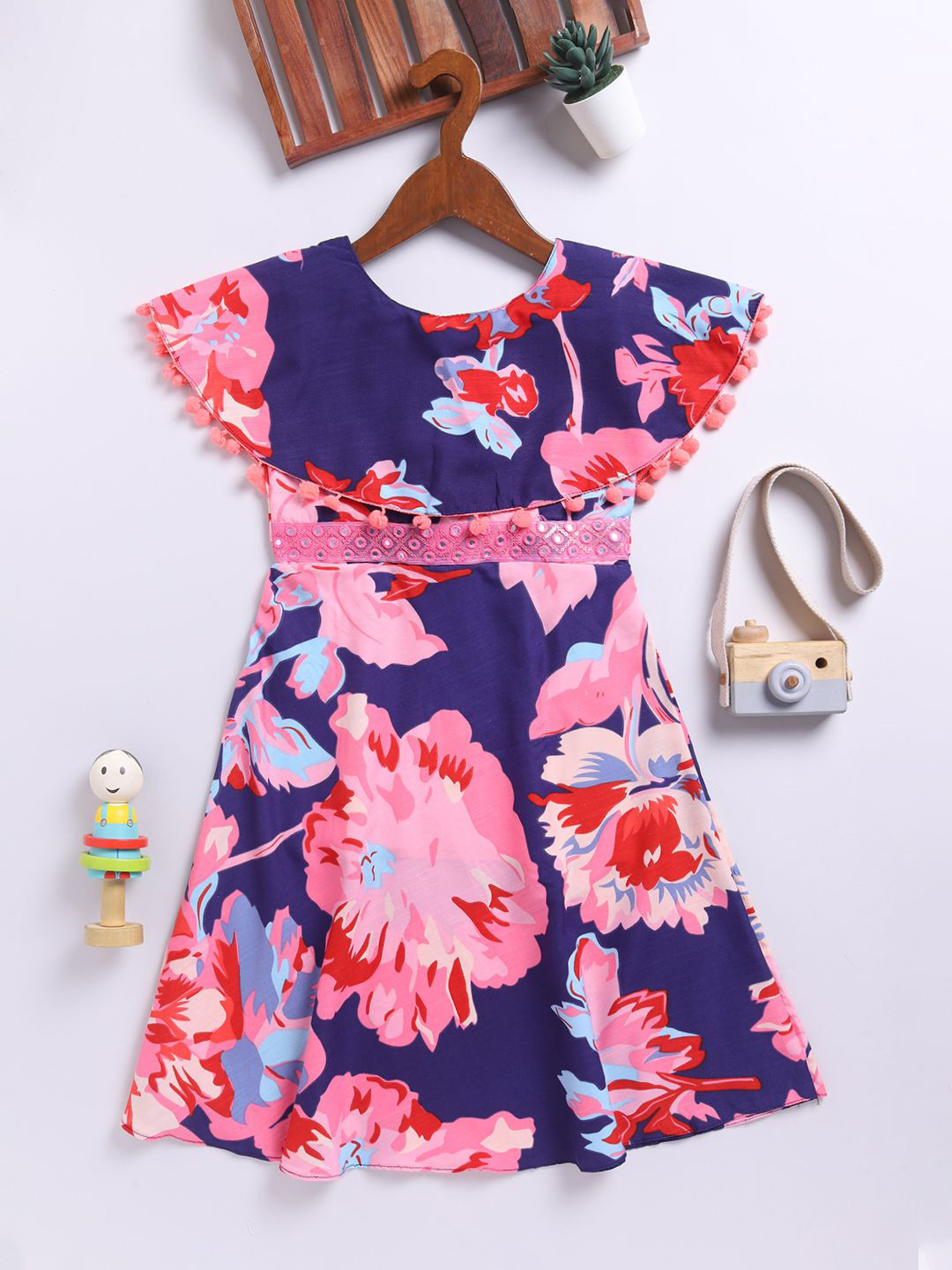 JBN Creation Floral Print with Pom-Pom Detail Fit & Flare Maxi Dress