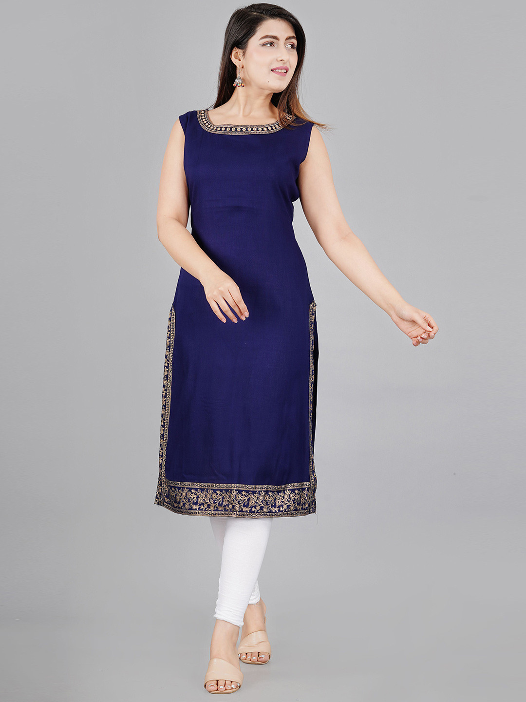 Brijam Floral Yoke Design Mirror Work Round Neck Sleeveless Straight Kurta