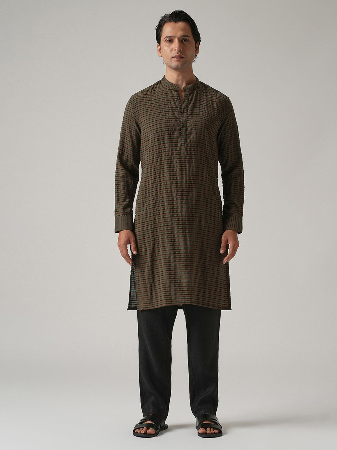 Banana Club Pin Striped Mandarin Collar Long Roll-Up Sleeves Straight Kurta