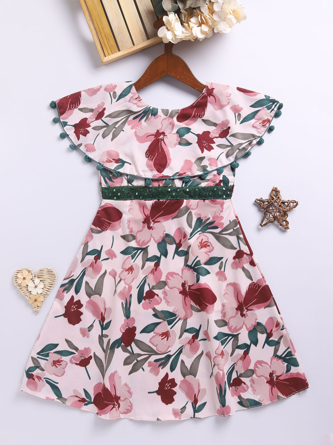 JBN Creation Floral Print Flutter Sleeve with Pom-Pom Detail Fit & Flare Maxi Dress