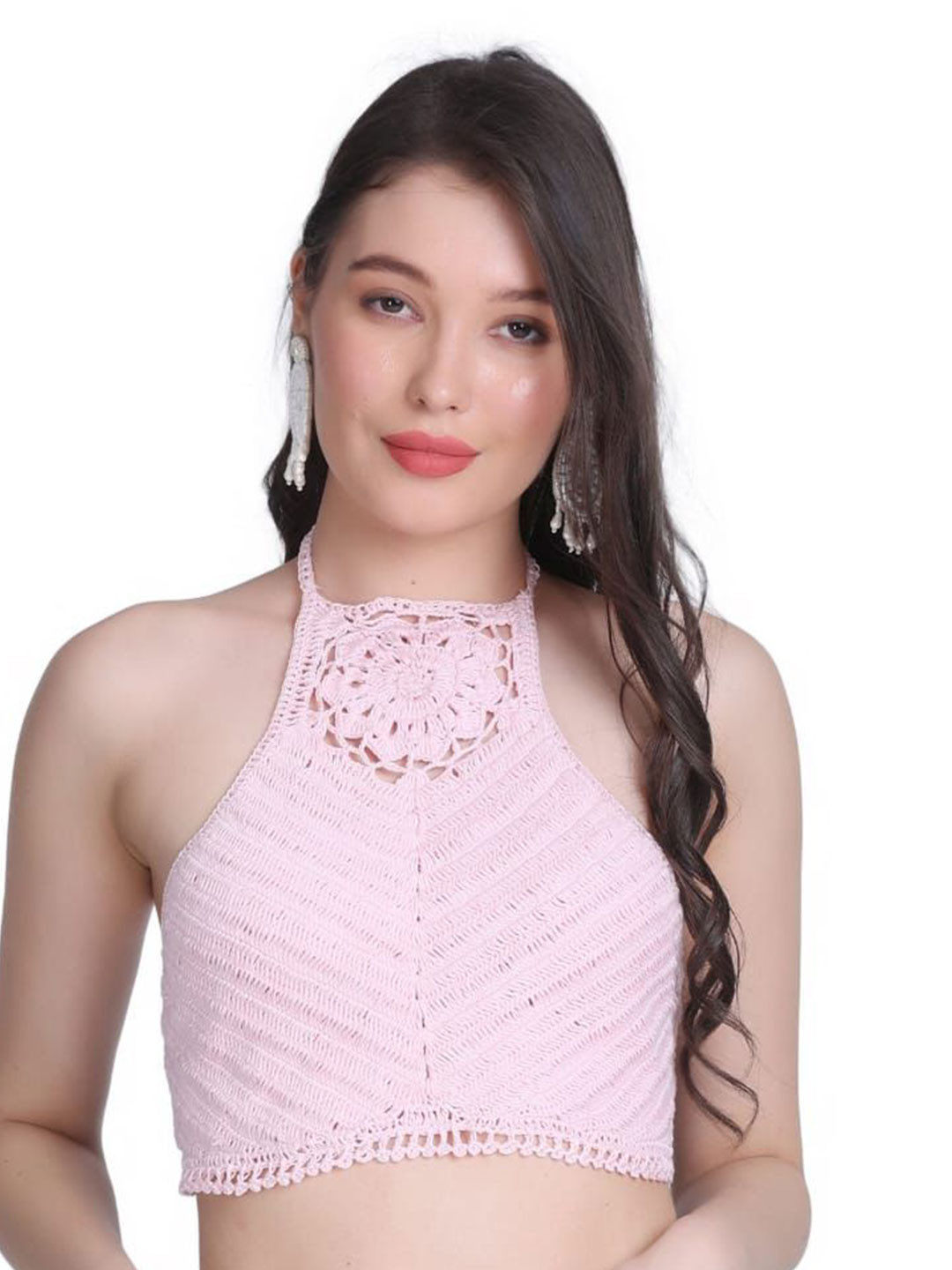 NYCRA Pink Halter Neck Crochet Crop Top