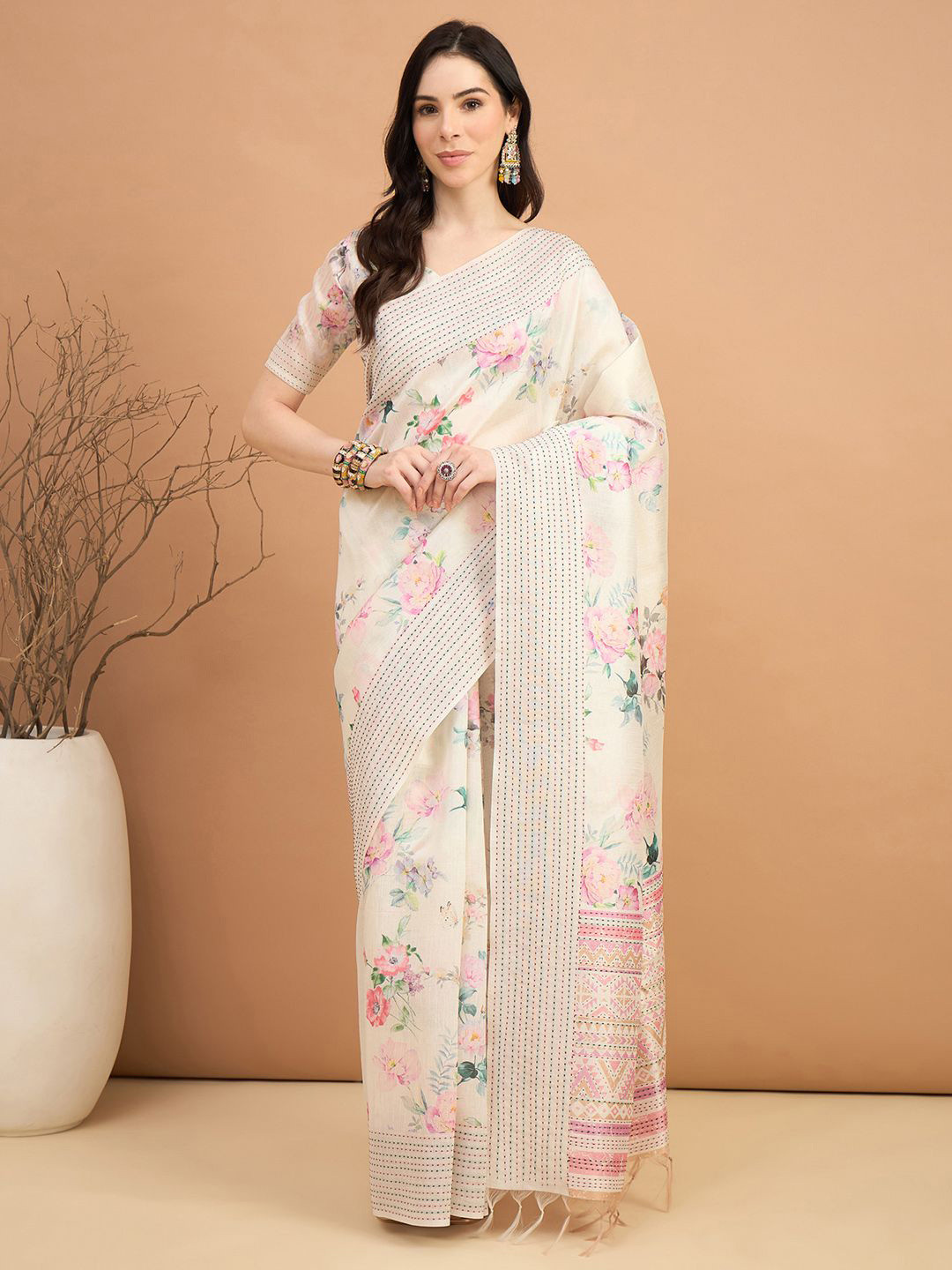 Mitera Floral Kantha Work Silk Cotton Tussar Saree