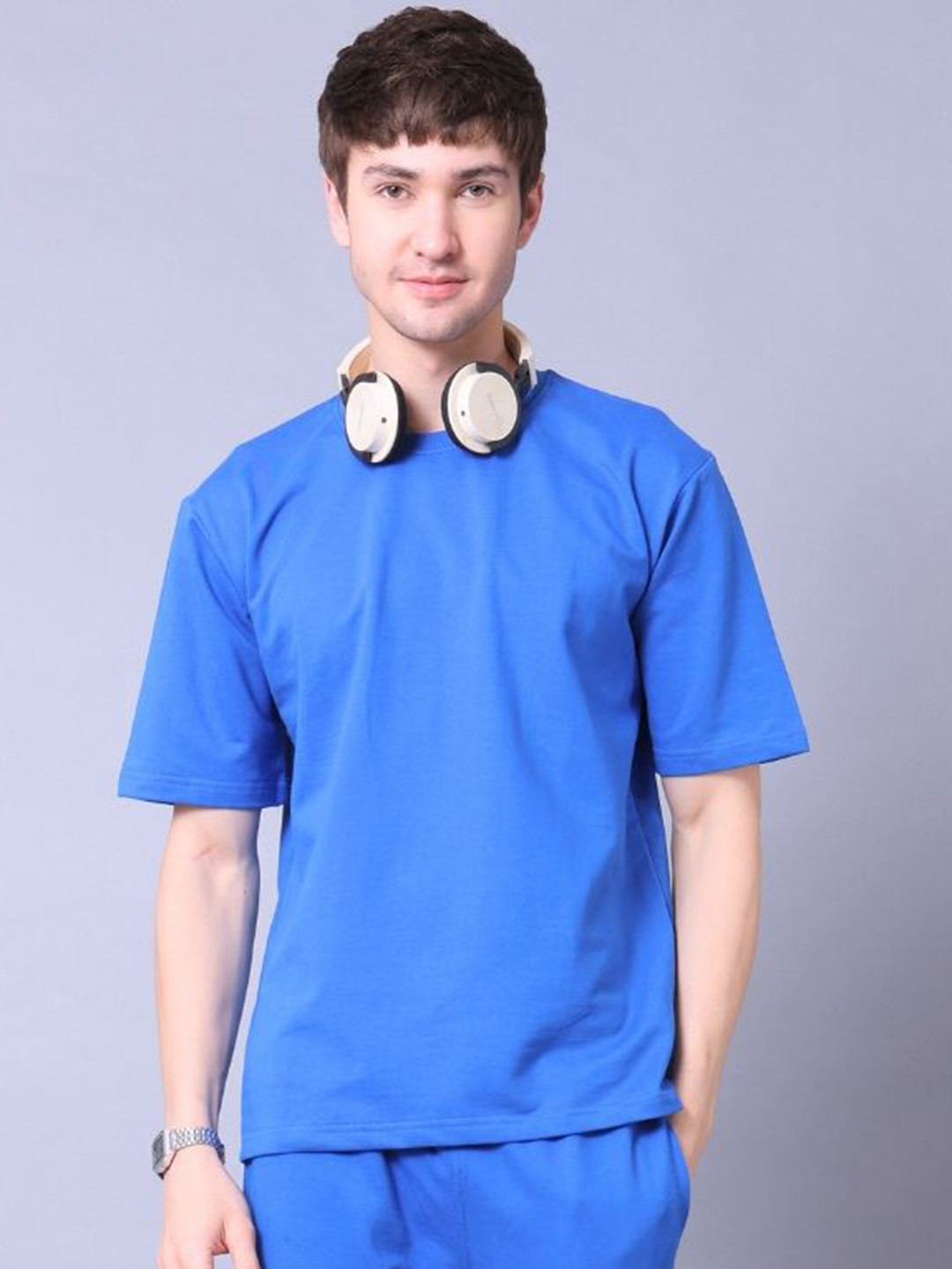 Lazy Lush Men Round Neck Solid Cotton Oversized T-Shirt