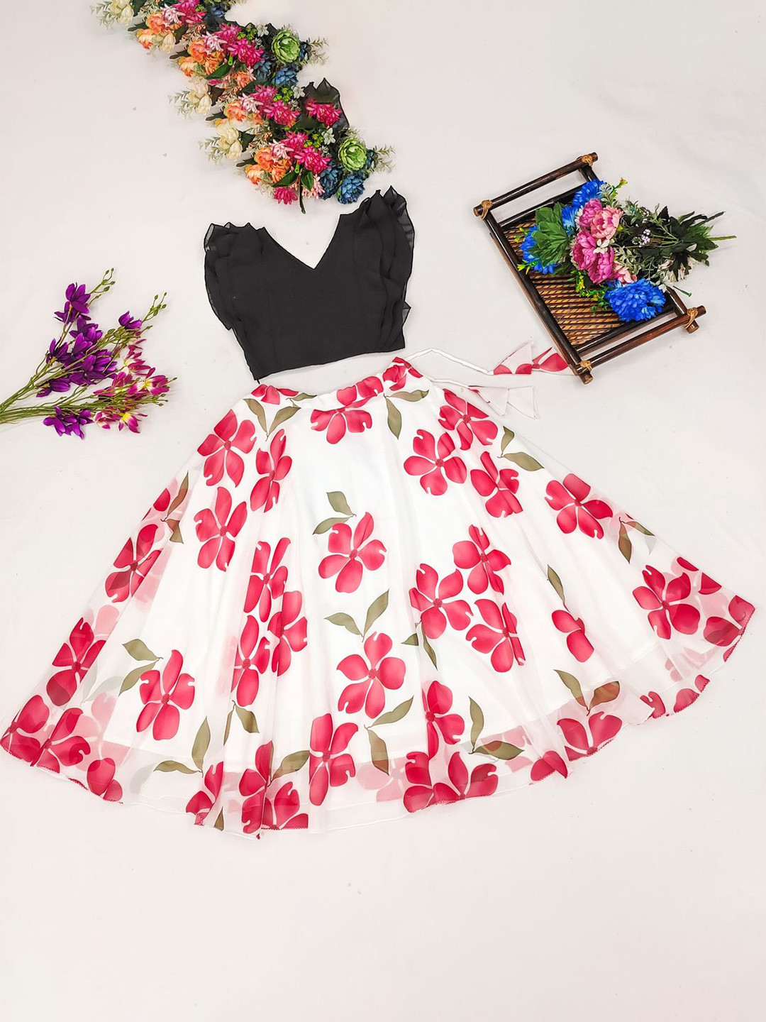 JOVK DESIGN Girls White Floral Printed Ready to Wear Lehenga & Choli